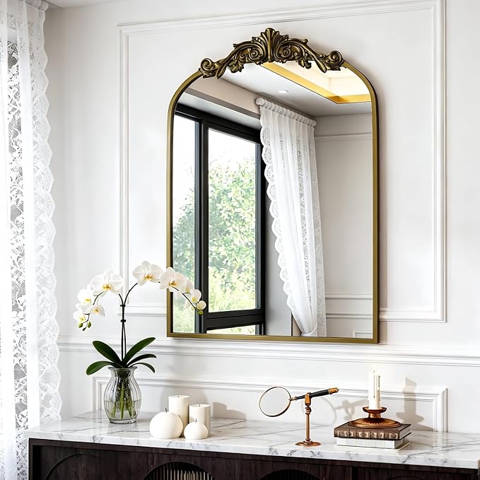 Dewfig Antique Arched Wall Mirror, 22"x30" Vintage Bronze Bathroom Mirror - Baroque Metal Frame Brass Mirror for Living Room, Bathroom, Fireplace, Entryway, Bronze