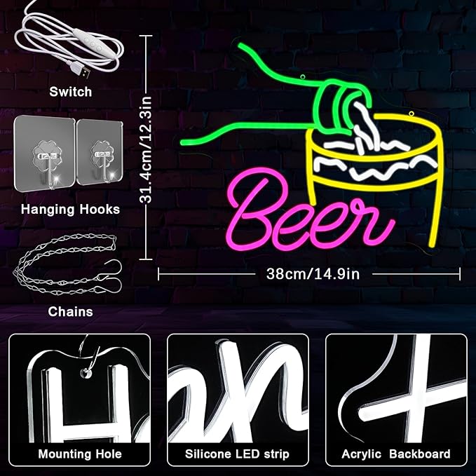 Beer Neon Signs for Wall Decor Colorful Bar Neon Sign Beer Pouring Led Sign Dimmable USB Beer Neon Light for Man Cave Beer Bar Kitchen Restaurant Shop Pub Nightclub Decoration