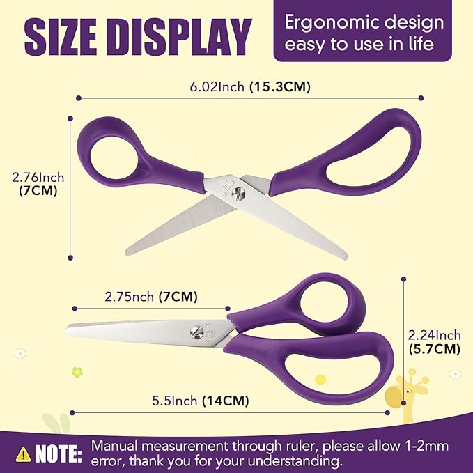 BURVAGY 12Pack 5.5" Safety Small School Kids Student Round Blunt Tip Craft Scissors Bulk, Stainless Steel Blades Comfort Grip Scissors for Kid Children Kindergarten Cutting Paper