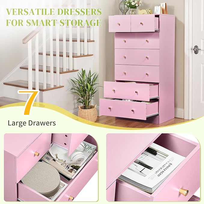 Karl home Pink 7 Drawer Dresser for Bedroom, Tall Dresser Chest of Drawers, Rustic Wood Bedroom Dressers Clothes Organizer, Anti-Tipping Device, Rose Gold Metal Handle, Living Room, Entryway, Office