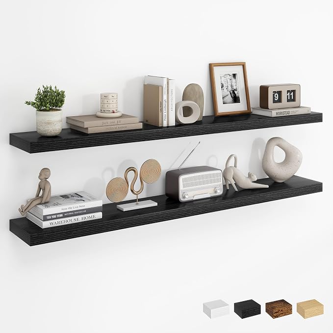 Dreamland 48Inch Floating Shelves for Wall, Rustic Wooden Black Floating Shelves for Living Room, Kitchen, Farmhouse, Deep Wall Mounted Book Shelf, Wood Storage Display Shelf for Home Decor, Set of 2