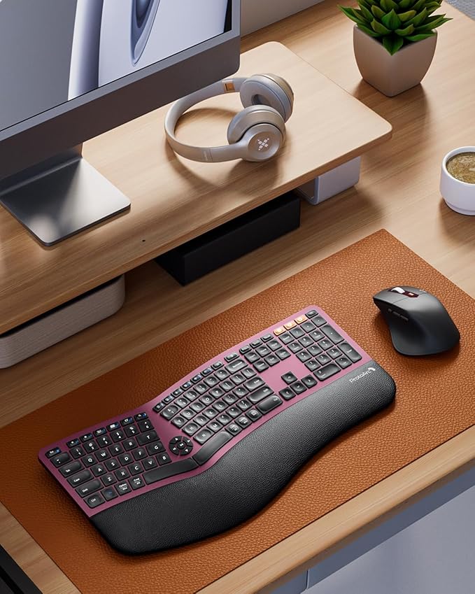 ProtoArc Ergonomic Wireless Keyboard Mouse, EKM01 Plus Full Size Ergo Bluetooth Keyboard Mouse Combo, Split Design, Wrist Rest, Multi-Device, Rechargeable, for Windows/Mac OS - Wine Red