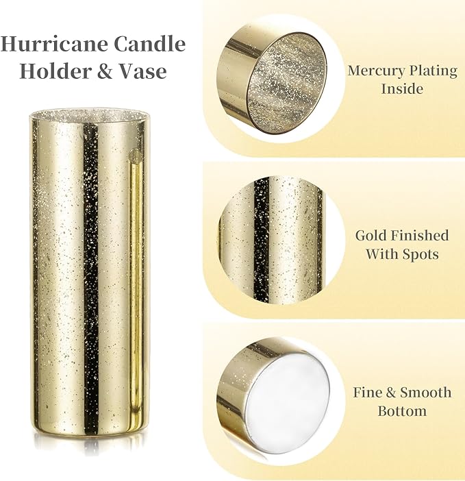 Glass Cylinder Vases Set of 2, Hewory Glittery Gold Vase for Centerpieces, Glass Hurricane Candle Holders for Pillar Floating Candle, Tall Round Vase for Wedding Anniversary Events Home Table Decor