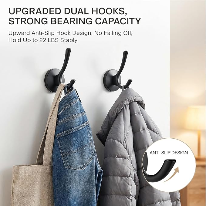 Towel Hooks-Coat Robe Hooks-Heavy Duty Metal Double Bathrobe Hook-Black Towel Hooks for Bathrooms-Kitchen Closet Garage（4Pcs Black）