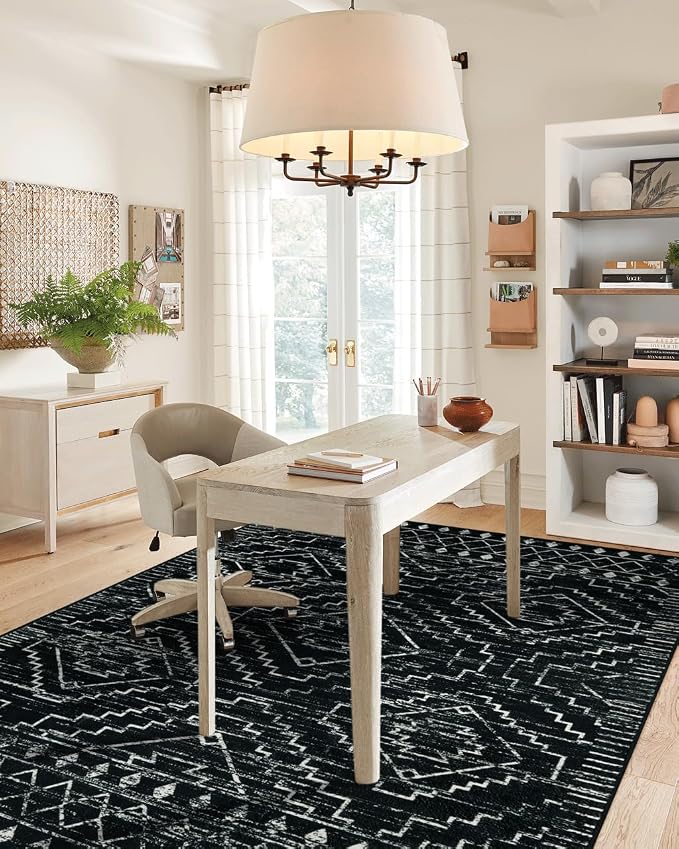 Wonnitar Moroccan Washable Rug 4x6, Black Boho Living Room Area Rug, Non-Slip Farmhouse Bedroom Carpet Dorm Room Throw Rug, Low Pile Soft Accent Mat for Kitchen Entry Office (Black,4'x6')