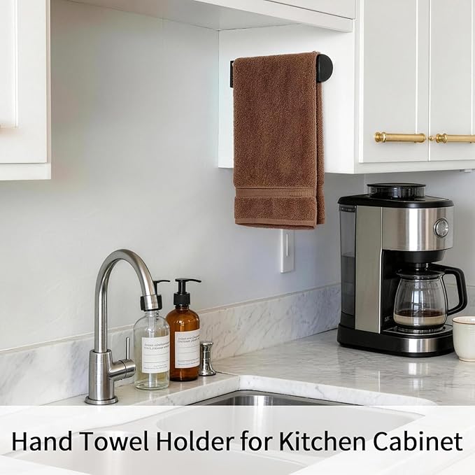Adhesive Towel Holder, Self Adhesive Hand Towel Racks for Bathroom Wall Mounted, 8 Inch Square Hand Towel Bar Stick on Wall for Kitchen Cabinet RV, Black