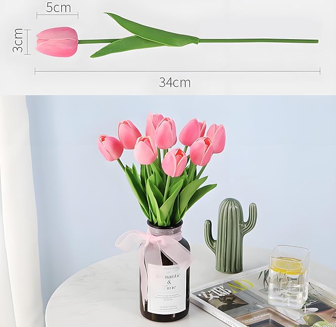 Pink 10 Pcs Artificial Tulip Silk Fake Flowers 13" for Home Office Wedding Decor Arrangement Bouquet Faux Flowers for Decoration