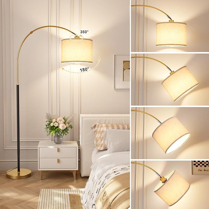 Ambimall Dimmable Arc Floor Lamp with Remote, Color Temperatures and Brightness Adjustable, Arched Floor Lamp with Rotating Head, Over Couch Arched Reading Light for Living Room (Black and Gold)