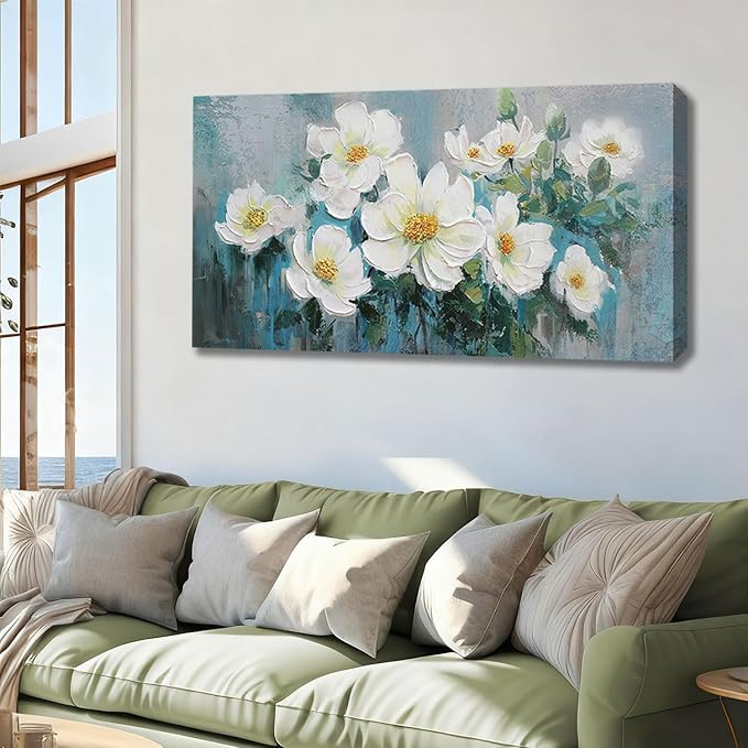 Ardemy White Floral Canvas Wall Art Extra Large Teal Textured Pictures Wall Decor Turquoise Paintings Artwork for Living Room Bedroom Home Office, 58"x29"