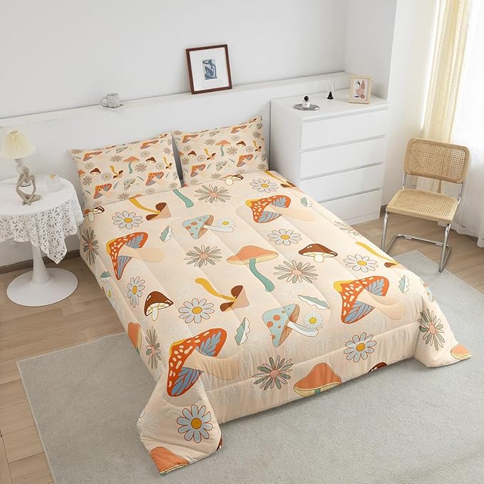 Castle Fairy 60s 70s Retro Mushroom Twin Size Comforter Set,Groovy Flowers Floral Duvet Set with 1 Pillowcase for Kids BoysBoho Art Soft Microfiber Bedding Comforters