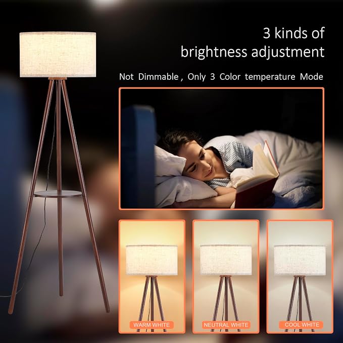 BTP Wood Tripod Floor Lamp for Living Room, 3 Color Temparature LED Bulb Included, Mid Century Modern Wooden Shelf Floor lamp with Linen Shade for Bedroom, Office, Walnut Wood Color