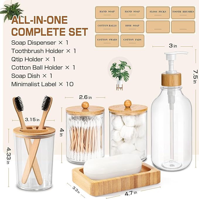 Bamboo Bathroom Accessory Set 5 Pcs, Boho Bathroom Accessories Sets Complete, Clear Bath Soap Dispenser and Toothbrush Holder Set, Soap Dish, Cotton Swab Jar, Boho Organizer
