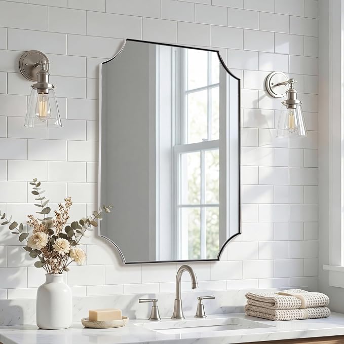 ANDY STAR Chrome Mirror for Bathroom, 24"x32" Polished Chrome Rectangle Mirror, Scalloped Bathroom Mirror in Rust-Proof Stainless Steel Thin Frame Deep 1", Wall Mount Vertical or Horizontal