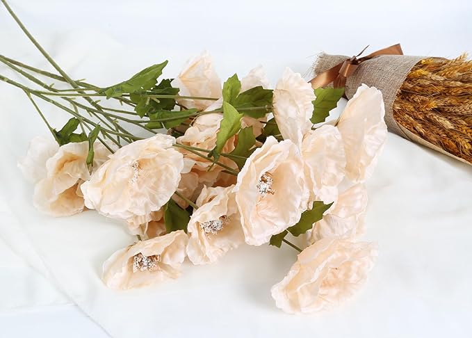 30 Heads Poppy Artificial Flowers 6 PCS Silk Flowers 32 in Poppy Flowers Champagne Flowers for Wedding Home Party Table Centerpiece Arrangement Decoration (Champagne)