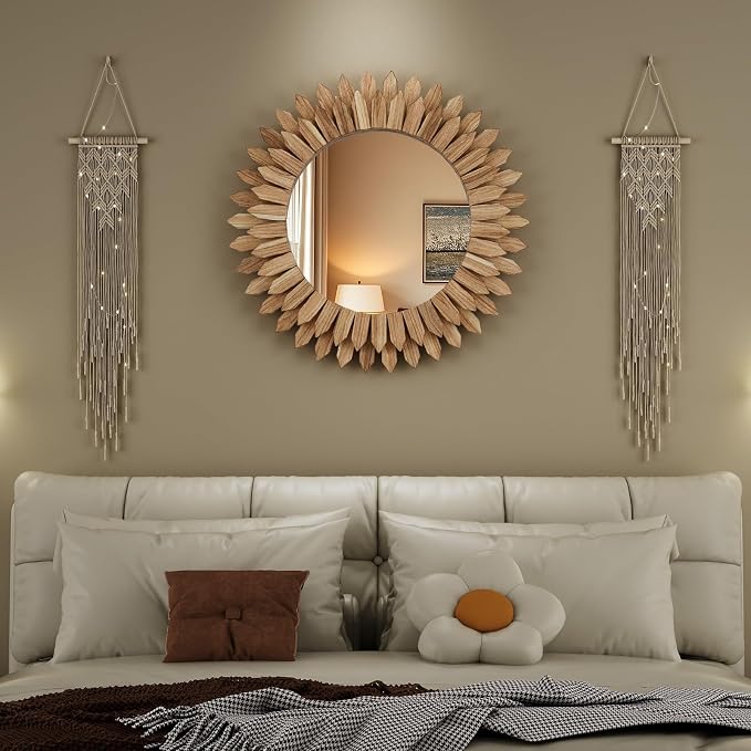 28 Inch Brown Boho Wall Decor Sunburst Mirror - Round Wooden Wall Decor, Handmade Rustic Circular Mirror for Living Room, Bedroom, Entryway, Office