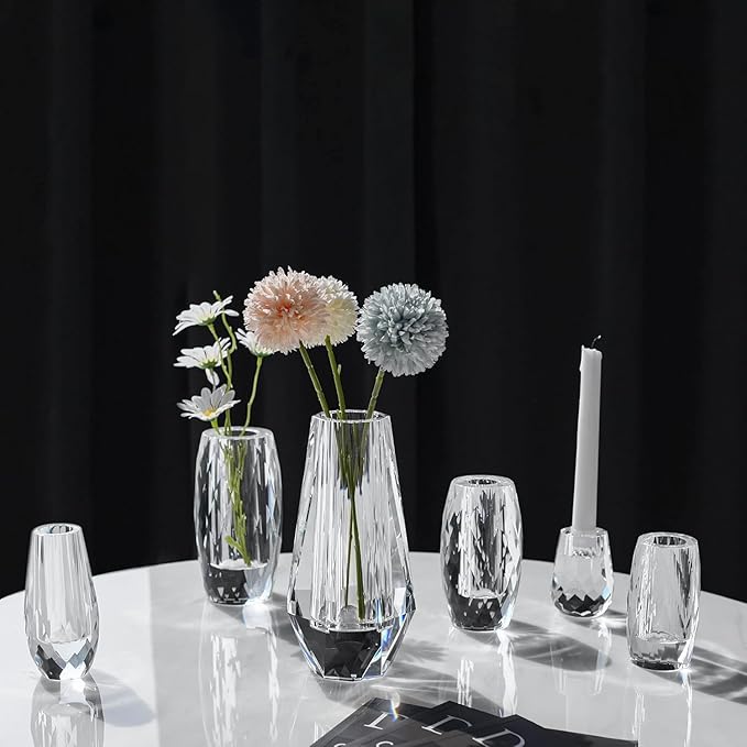 kitCom Modern Crystal Vase, 7 x 4 Inches, Transparent, Oval, Love, Glossy Finish, Arranges Flowers, Handmade, Multi-faceted, Secure Packaging, Half-Year Warranty, Luxury Gift