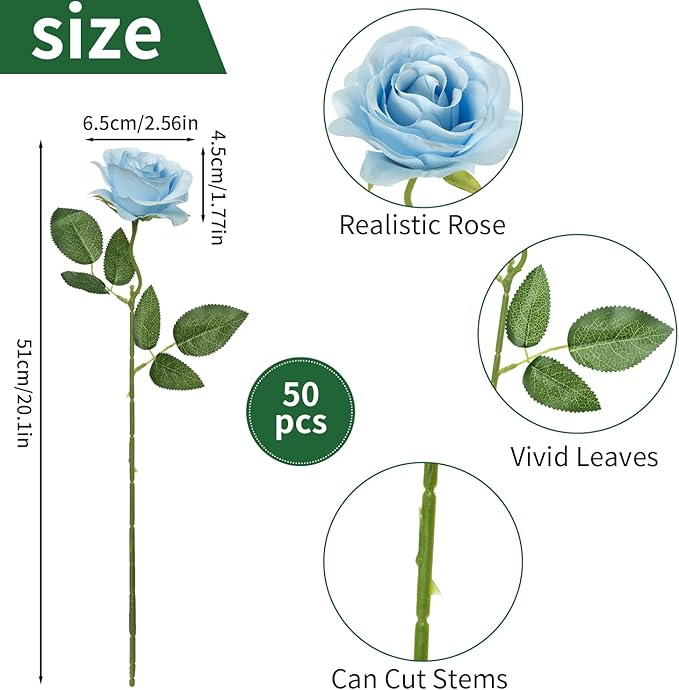 50pcs Artificial Roses Flowers in Bulk,Realistic Silk Fake Rose with Long Stem for Wedding Centerpieces Bouquet Party Floral Arrangement Home Decoration (Blue)