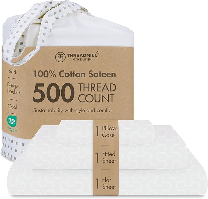 Threadmill 500 Thread Count Twin Size 3 Pc Luxury Cotton Bedding Set, Jacquard Floria Hotel White, Breathable Sheets with 15" Elasticized Deep Pocket, 1 Pillowcase & Free Tote Bag