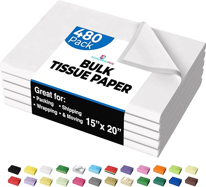 Party Solids White Tissue Paper for Gift Bags - 15" X 20" Bulk Tissue Paper White 480 Sheets - 10lb Newsprint for Packing, Birthday Gift Box Filler, Packing Supplies for Moving Supplies
