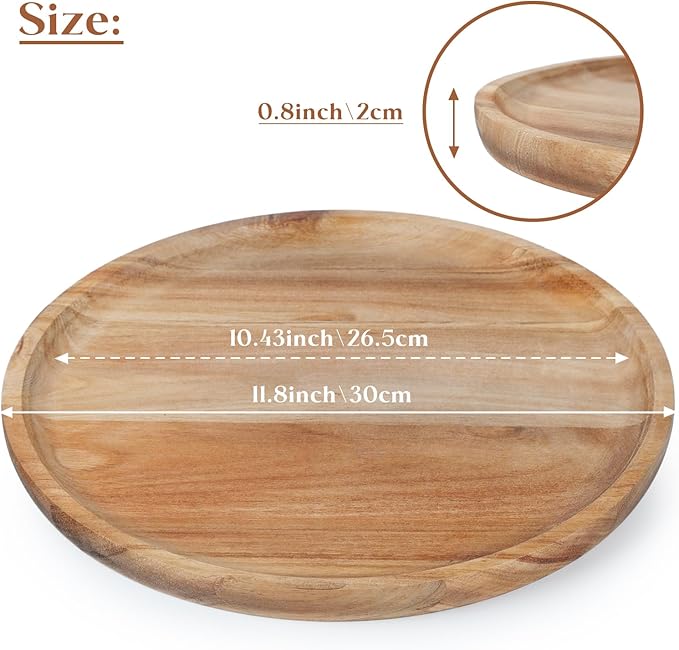 YANGQIHOME 11.8 inches Round Wood Tray, Wooden Serving Tray, Acacia Plates, Appetizer Charcuterie Board, Tray Organizer for Kitchen/Countertop, 11.8 x 11.8 x 0.8 inch