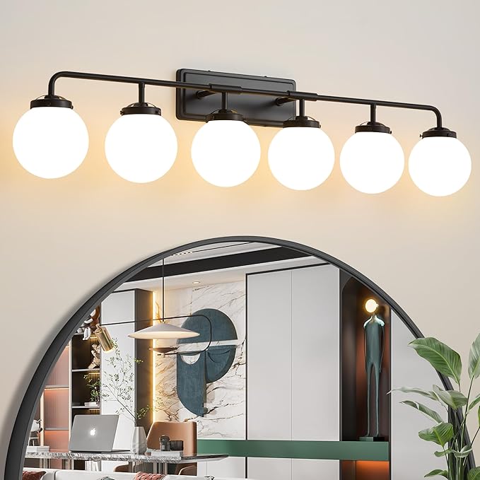 Bathroom Light Fixtures Over Mirror, 6-Light Matte Black Vanity Lighting with Milk White Glass Globe Shades Modern Wall Sconce