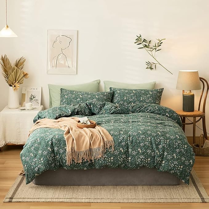 LifeTB Green Floral Duvet Cover Jersey Knit Cotton Duvet Cover King Size Vintage Flower Botanical Bedding Set Soft T Shirt Cotton Comforter Cover Chic Garden Style Bedding Cover with 2 Pillowcases