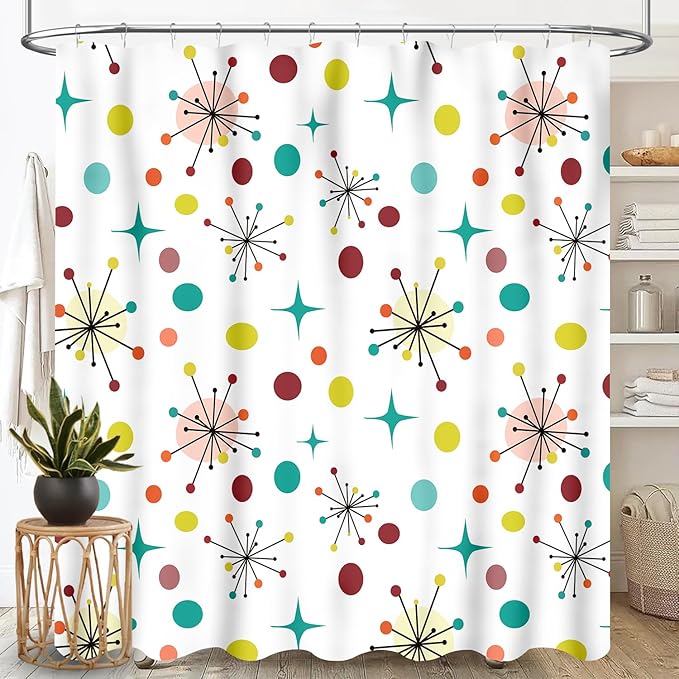 Mid Century Shower Curtain, Geometric Atomic Abstract Iconic Pattern 1950s 1960s Vintage Retro Style Art Pastel Waterproof Fabric Bathroom Shower Curtain Set with Hooks, 72"x78" Inch