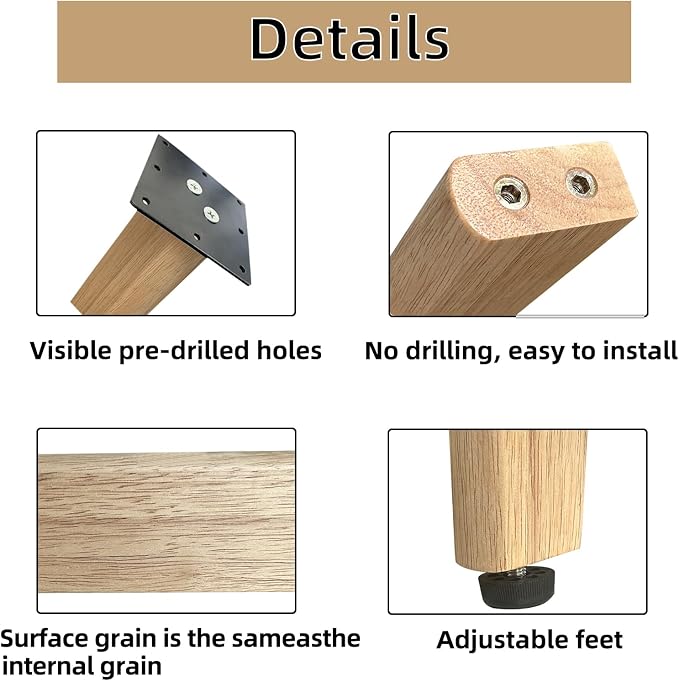 QLLY 26 inch Solid Wood Table Legs, Natural Varnished Wooden Desk Legs with Adjustable Leveling Feet, Set of 4, Heavy Duty Replacement Legs for for DIY Dining Table, Office Desk, Farmhouse Furniture