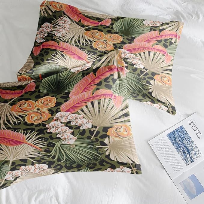 Comforter Set Twin Size, Summer Tropical Flowers 5 Pcs Bedding for Kids and Adults, Hawaiian Palm Leaf Leaves Bed Sheet Sets with Fitted Sheet Pillowcase & Sham for Bedroom Bed Decor