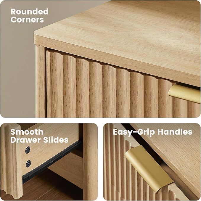Amada Modern 6 Drawer Dresser, Fluted Wood Chest of Drawers with Rounded Corners, Pre-Installed Drawer Slides, Dresser TV Stand and Storage Organizer for Bedroom, Hallway, Natural Oak