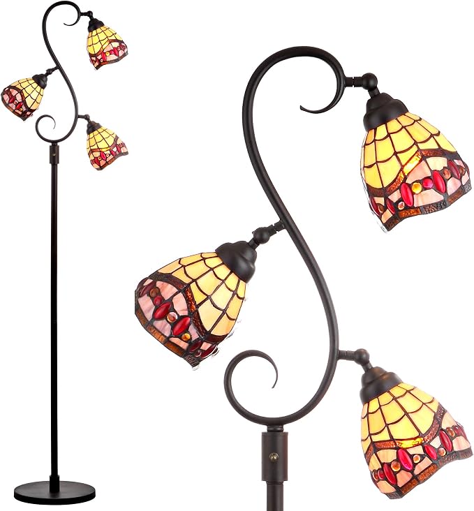 JONATHAN Y 70.5" Bronze 3-Light Tiffany-Style Stained Glass LED Floor Lamp, Traditional Handcrafted Iron Tree Lamp for Living Room, Multi-Color, LED Bulbs Included, UL Listed JYL8013A