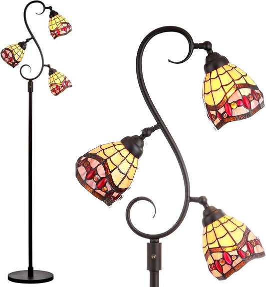 JONATHAN Y 70.5" Bronze 3-Light Tiffany-Style Stained Glass LED Floor Lamp, Traditional Handcrafted Iron Tree Lamp for Living Room, Multi-Color, LED Bulbs Included, UL Listed JYL8013A