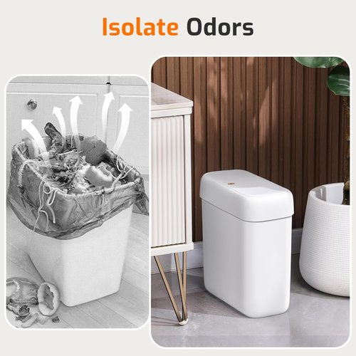MOPALL Small Bathroom Trash Can - 2.6 Gallon Slim Plastic Waste Bin with Pop-Up Lid | Dog-Proof Design, White