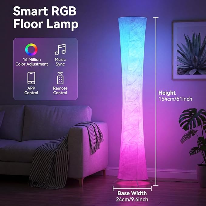 61'' Round Floor Lamp, RGB LED Corner Floor Lamp with Music Sync, 16W+ Colors & 3 Color Temperatures, APP & Remote Control, Modern Standing Lamp for Living Room Bedroom