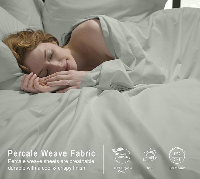 RUVANTI 100% Organic Cotton Sheets King Size, Percale Weave, GOTS Certified, 4-Piece Set, Deep Pocket 15", Crisp & Breathable, Soft Durable Bedding, Sábanas Algodón Orgánico – Mineral Gray