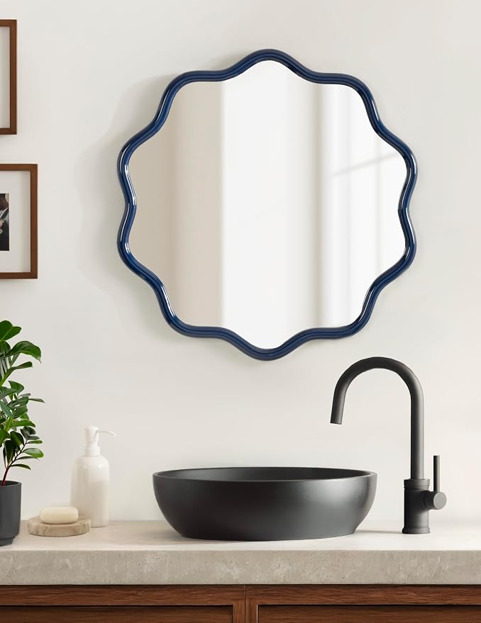 Kate and Laurel Talma Modern Round Scalloped Wall Mirror, 26 Inch Diameter, Navy Blue, Decorative Wavy Circle Mirror for Use as Bathroom Mirror for Over Sink or Nursery Mirror Decor