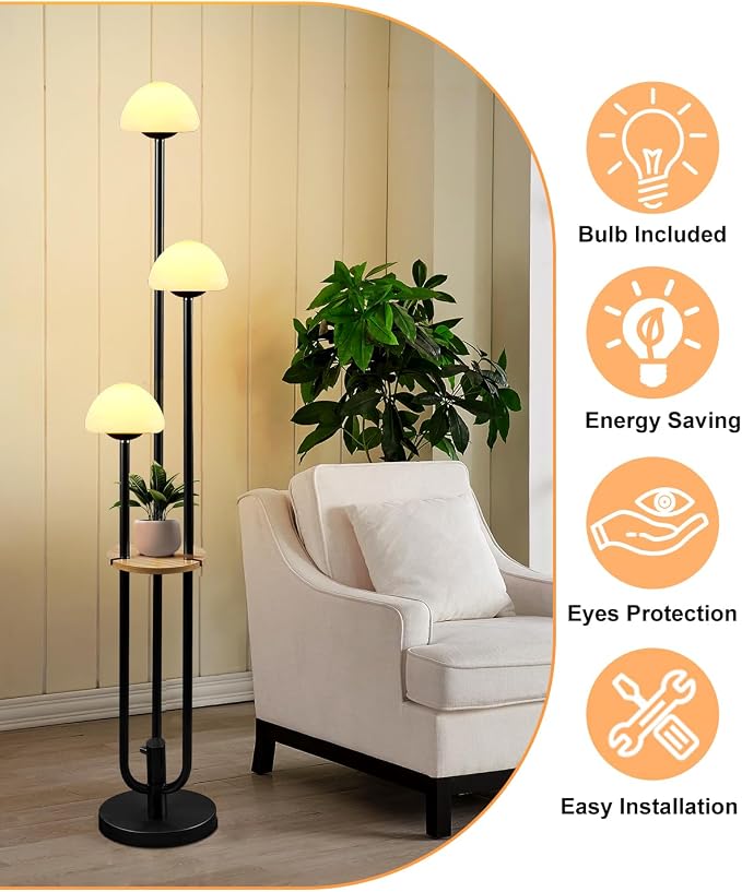Black Dimmable Floor Lamp with Table, Modern Floor Lamps with Mushroom Shades for Living Room, 3000K Warm White Tall Standing Lamp with Bulbs& 5Lbs Heavy Base for Bedroom/Office