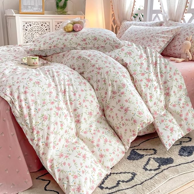 VM VOUGEMARKET Pink Flower Comforter Set Full - Cute Floral Bedding Sets for Girls Women,3 Pieces,1 Soft Lightweight Botanical Flowers Comforter with 2 Pillowcases