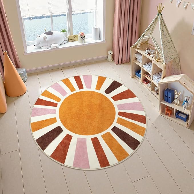 LIVEBOX Boho Nursery Rug Round 4ft Sun Rainbow Rug for Girls Bedroom, Soft Retro Colorful Circular Rugs for Kids Room, Non-Slip Circle Cute Washable Rugs for Living Room Classroom Play Room