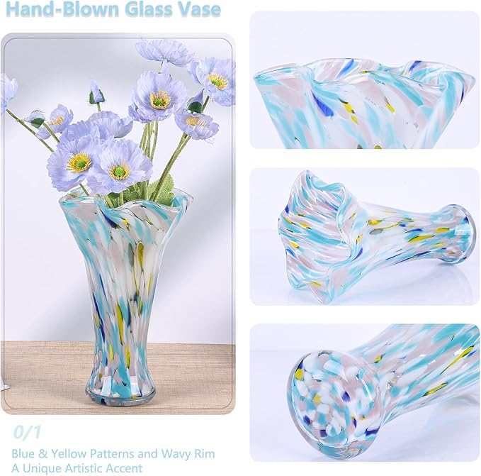 9.0" H Blue Glass Vases for Flowers, Unique Hand Blown Glass Vase Blue Home Decor, Wide Mouth Colorful Flower Vase Centerpieces, for Living Room Table Bookshelf, Bathroom Office Shelf Decorative