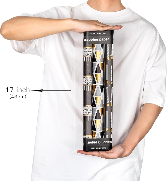 MAYPLUSS Birthday Wrapping Paper Roll 17 IN *120 IN Per Roll, Black and Gold Gift Wrapping Paper Mini Roll, 3 Rolls, Triangles Candle Geometry Pattern With Gold Foil for Birthday, Party All Occassions