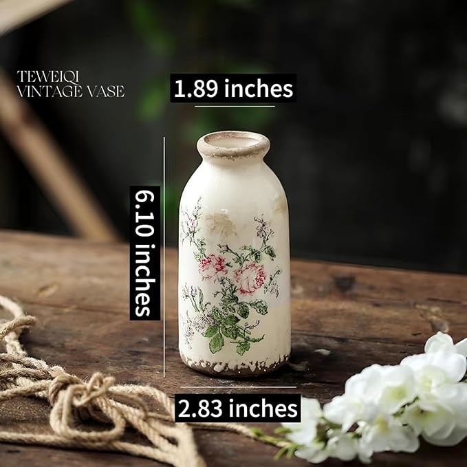 Ceramic Rustic Farmhouse Vase, Distressed Flower Vase for Home Decor, Ideal Shelf Decor, Boho Vase for Living Room Bedroom Kitchen Office Decor Centerpiece Table Decorations (6 inches)