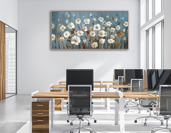 VEAEE Wildflowers Canvas Wall Art, Daisy Flowers Canvas Pictures,Abstract Orange White Floral Blossom Landscape Painting for Living Room Bedroom Kitchen Dining Room Home Office Decor 29"x58"