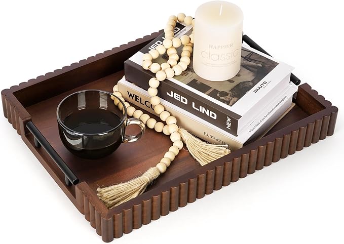Acacia Wood Decorative Serving Tray with Handles, 16.7" x 12.8" Large Wooden Ottoman Tray for Living Room, Coffee Table Tray Decor for Food, Dinner, Tea or Breakfast in Bed (Walnut)