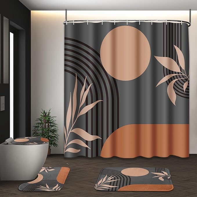 Boho Mid Century Shower Curtain Set with Toilet Lid Cover and Non-Slip Rugs, Abstract Grey Background 4 Pcs Modern Minimalist Vintage Gray Shower Curtain for Bathroom Set with 12 Hooks