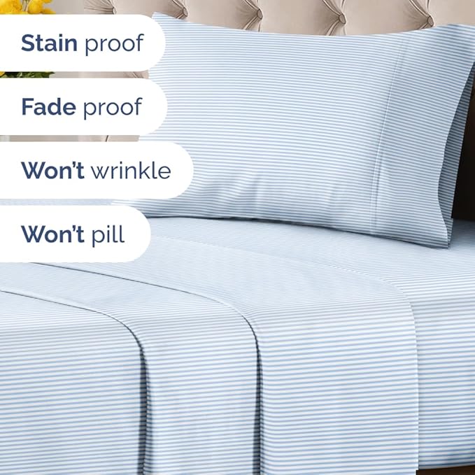 Sky Blue and White Striped Sheets - 1 Flat & 1 Fitted Sheet & 1 Pillowcase w/ Deep Pockets - Wrinkle & Fade Resistant - Ultra-Soft, Breathable & Cooling - Pinstripe Patterned Bed Set - Twin Size