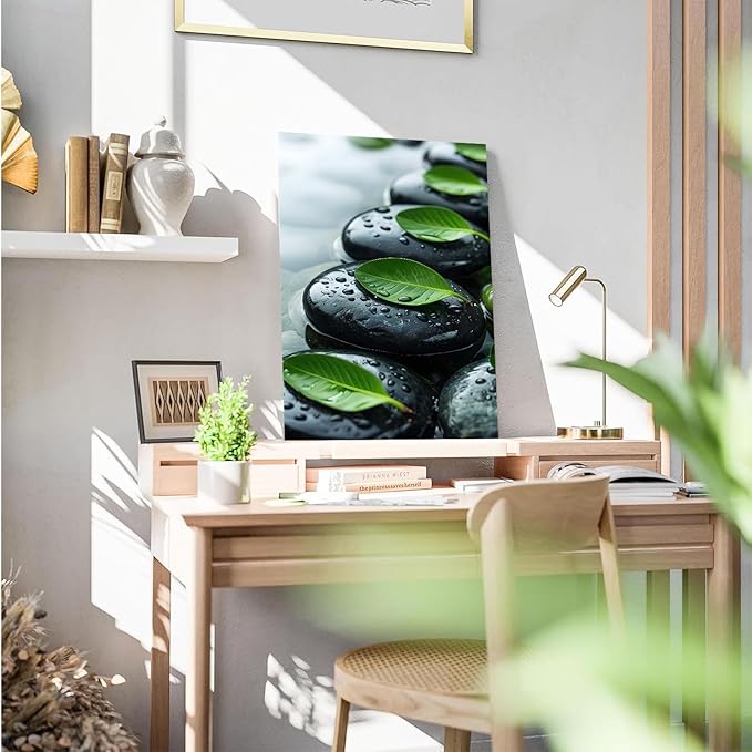 Glittering black stone cluster with fresh green leaves and water drops poster tranquil mist rain wall art zen wall art suitable for modern minimalist home decor 28x40in Frameless