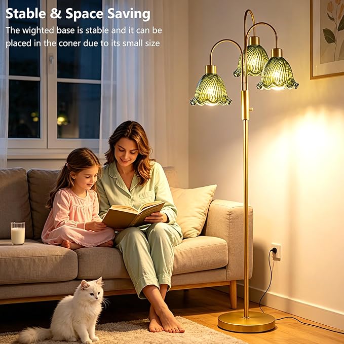Lightdot 3-Light Glass Floor Lamp for Living Room, 70" Gold Dimmable Standing Tall Lamp with Green Ribbed Glass Shades &3PCS 3000K Warm White Bulbs, Modern Tree Pole Lamp for Bedroom Home Decor