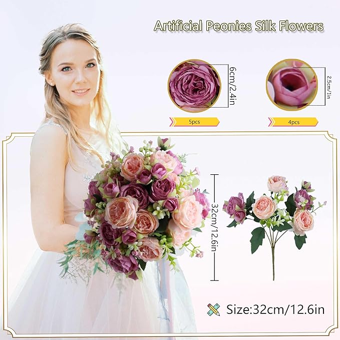 8 Bundles Peonies Artificial Flowers Silk Peonies Faux Flowers Fake Peonies Artificial Flowers Peonies Bouquet for Table Centerpieces Decoration Wedding Decor Home Party Decor (Pink and Violet Red)