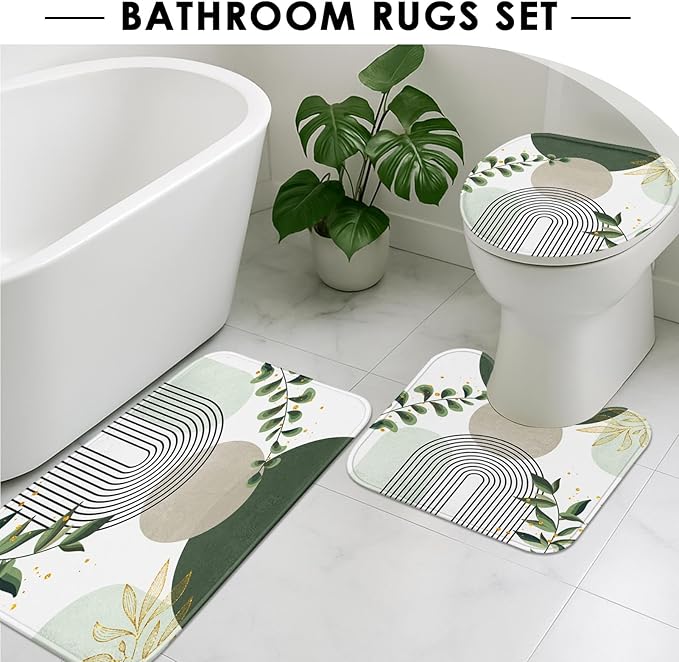 Boho Sage Green Mid Century Shower Curtain Set with Toilet Lid Cover and Non-Slip Rugs, Abstract Bohemian Gold Leaves Plant 4 Pcs Modern Minimalist Shower Curtain for Bathroom Set with 12 Hooks